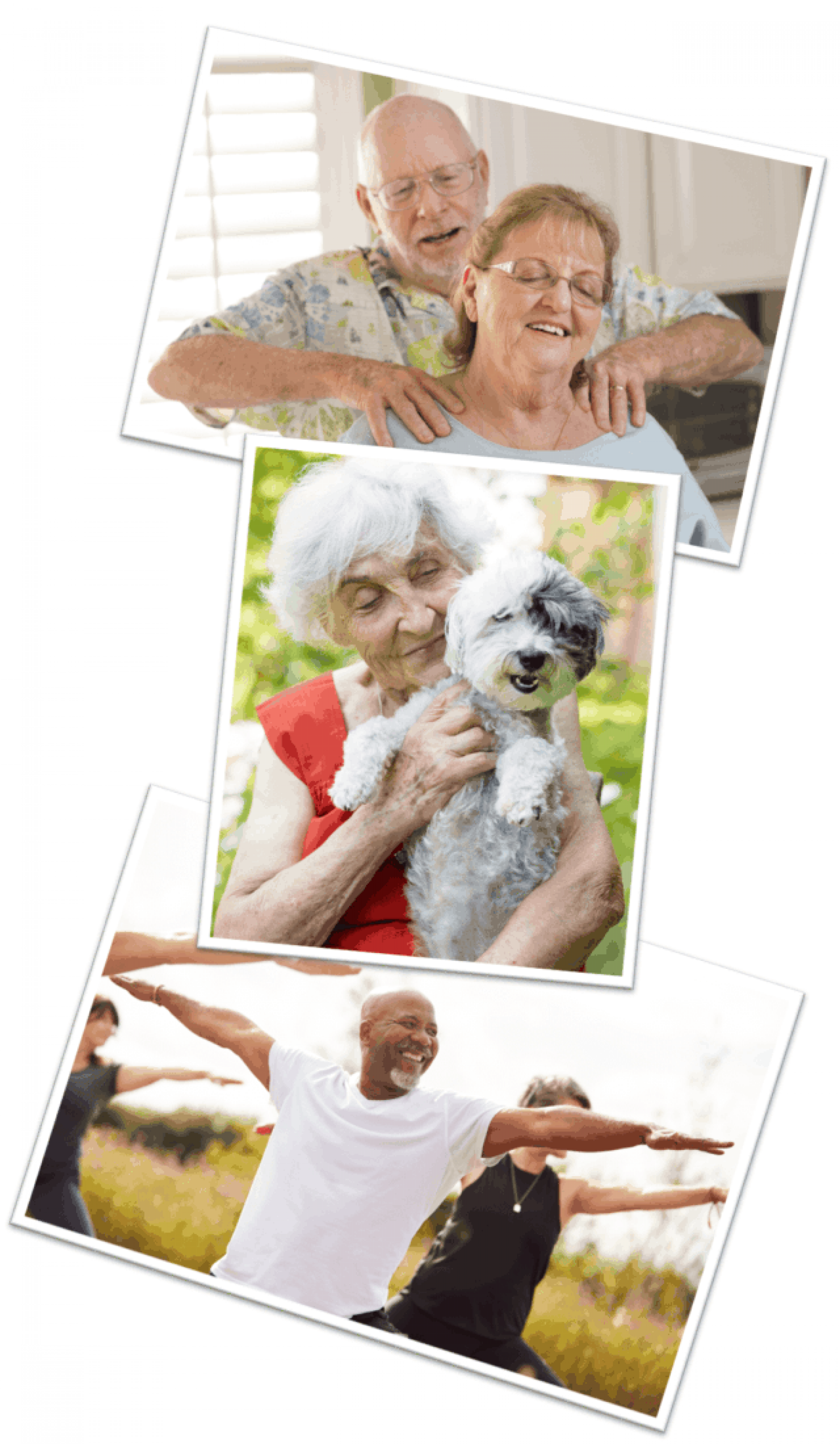 Photos of older adults engaging in yoga, massage, and holding a small dog.