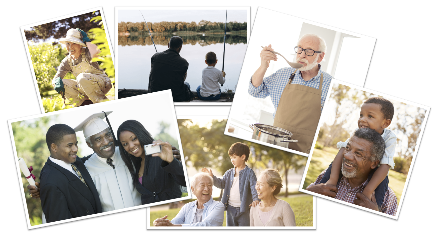 Collage of photographs of older adults doing what matters most to them - continuing education, gardening, fishing with grandchild, playing with grandchild, cooking